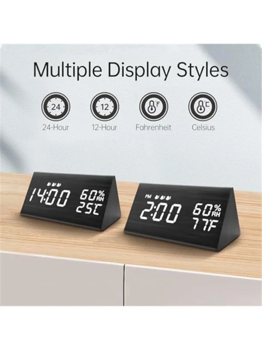Wood Digital Alarm Clock Multiple Alarms LED Display Temperature Humidity Modern